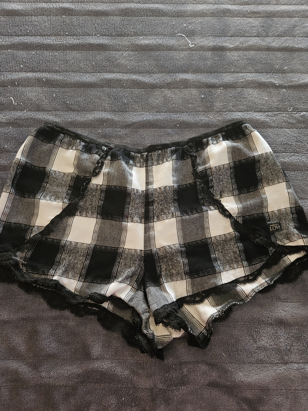 Victoria's Secret Black and White Plaid Lace-Trim Lounge PJ shorts